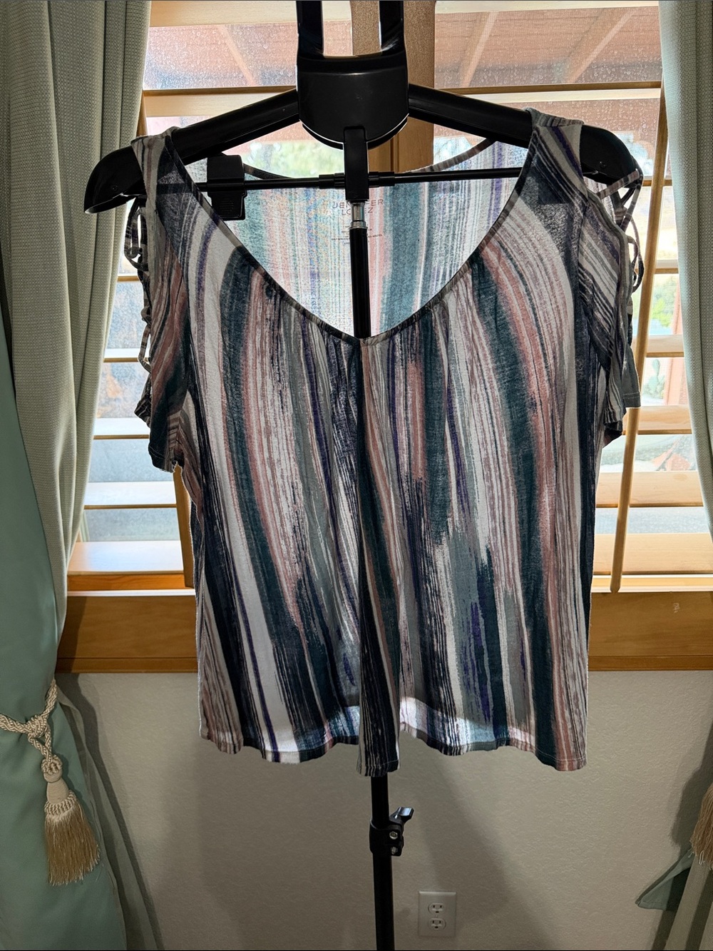 Jennifer Lopez Striped Cold-Shoulder V-Neck Tank Top - Navy, Blush, Cream